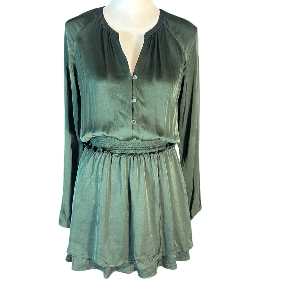 Quince Silk Dress Women S Green Smocked Waist Long Sleeve Ruffle Mini Luxury